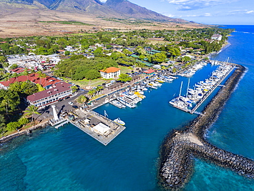 Aerial view of Lahaina harbour and town including the Pioneer Inn, Lahaina, Maui, Hawaii, United States of America