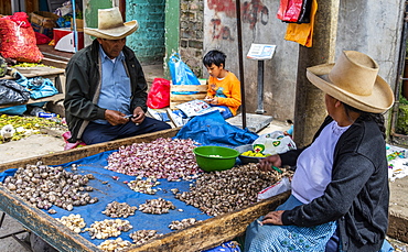 Couple peeling garlic at the market, Cajamarca, Peru