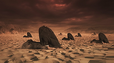 Businessmen hiding their heads in the sand, composite image