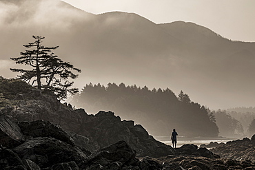 A male camper enjoys the sunrise over Nootka Island at low tide in Nuchatlitz Provincial Park, British Columbia, Canada