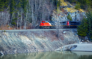 Canadian National Railway train traveling beside a lake, Terrace, British Columbia, Canada