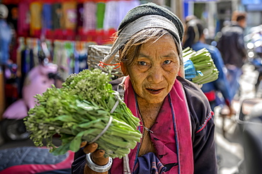 Senior woman selling vegetables at the market, Lashio, Shan State, Myanmar