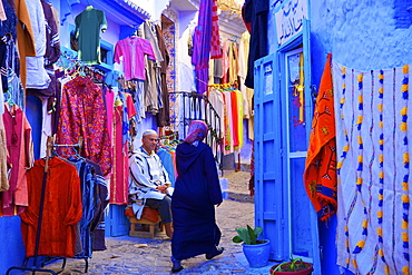 Souvenir shop with blue washed walls, Chefchaouen, Morocco, North Africa, Africa