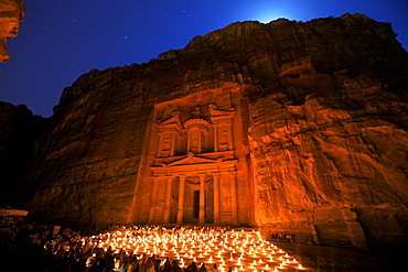 Treasury lit by candles at night, Petra, UNESCO World Heritage Site, Jordan, Middle East