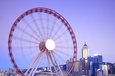 Hong Kong cityscape with The Hong Kong Observation Wheel at dusk, Hong Kong, China, Asia