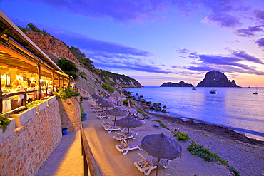 Restaurant at Cala d'Hort with The Island of Es Vedra in the Background, Ibiza, Balearic Islands, Spain, Mediterranean, Europe