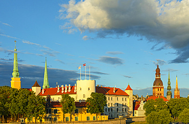 Riga Cathedral, St. Peter's Church, St. Saviour's Anglican Church and Riga Castle in Old Town at dusk, UNESCO World Heritage Site, Riga, Latvia, Europe