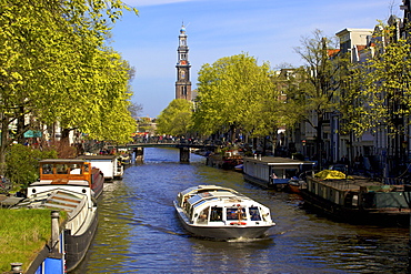 Westerkerk Tower and Prinsengracht Canal, Amsterdam, Netherlands, Europe