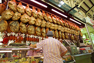 Mercado Central (Central Market) stall selling cured ham, Valencia, Spain, Europe