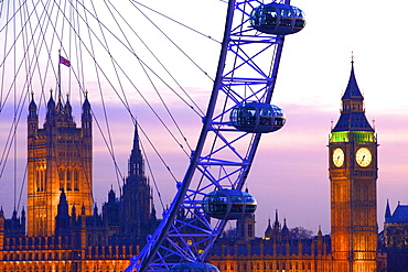 London Eye and Houses of Parliament at dusk, London, England, United Kingdom, Europe