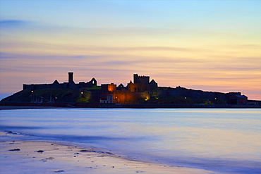 Peel Castle at dusk, St. Patrick's Isle, Isle of Man, Europe 