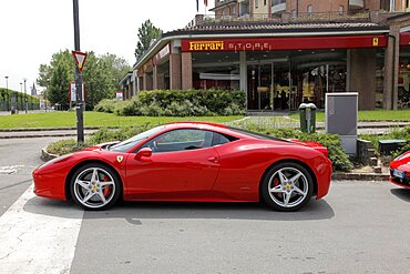 Red Ferrari 458 car and store, Maranello, Emilia-Romagna, Italy, Europe