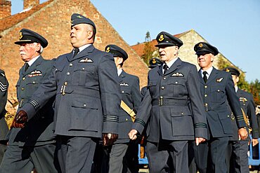 1940s RAF marching reenactors, Pickering, North Yorkshire, Yorkshire, England, United Kingdom, Europe