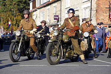 1940s motorcycle riders, Pickering, North Yorkshire, Yorkshire, England, United Kingdom, Europe