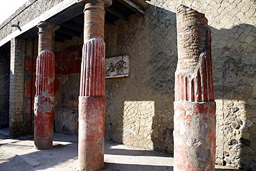 Ancient Roman ruins red pillars, Herculaneum, UNESCO World Heritage Site, Naples, Campania, Italy, Europe