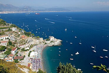 Beach, castle and Mediterranean Sea, Amalfi Drive, Campania, Italy, Europe