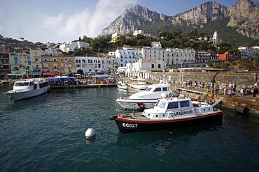 Boats In Marina Grande Harbour and mountain, Capri, Campania, Italy, Europe