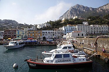 Police boat in Harbour and Mountain, Capri, Campania, Italy, Europe