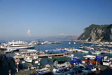 Ferries, boats amd taxis at Harbour, Capri, Campania, Italy, Europe