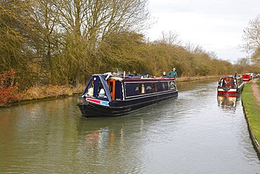 Navy blue narrow boat, Blisworth Marina, Northamptonshire, England, United Kingdom, Europe