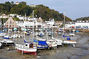 Boats and yachts in Harbour at low tide, Jersey, Channel Islands, United Kingdom, Europe
