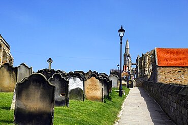 Gravestones and path alongside St. Mary's Church, Whitby, North Yorkshire, Yorkshire, England, United Kingdom, Europe