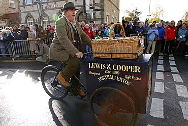 Hamper seller on tricycle, Pickering, North Yorkshire, Yorkshire, England, United Kingdom, Europe