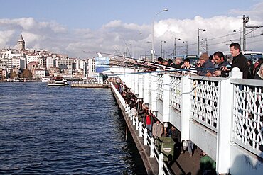 Fishing on Galata Bridge, Istanbul, Turkey, Europe