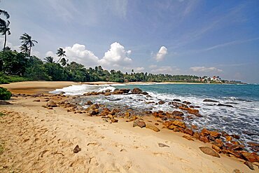 Golden Beach and rocks, Tangalla, Sri Lanka, Asia