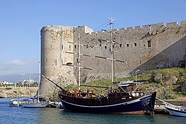 Castle wall and boats, Kyrenia, Northern Cyprus, Mediterranean, Europe