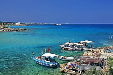 Fishing boats and blue water, Karpas Peninsula, Northern Cyprus, Mediterranean, Europe