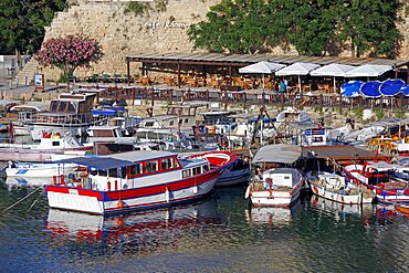 Boats in harbour and restaurant, Kyrenia, Northern Cyprus, Mediterranean, Europe