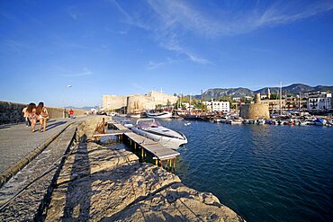 Boats in harbour and castle walls, Kyrenia, Northern Cyprus, Mediterranean, Europe