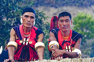 Naga tribal men in traditional clothing, Kisima Nagaland Hornbill festival, Kohima, Nagaland, India, Asia