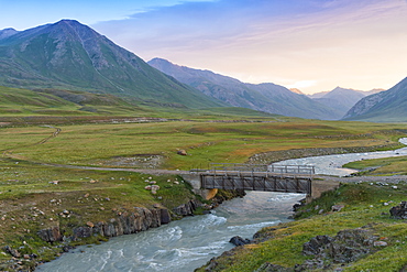 Wooden bridge over a mountain river, Naryn Gorge, Naryn Region, Kyrgyzstan, Central Asia, Asia