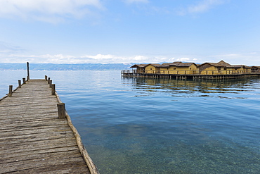 Lacustrine Bay of Bones Archaeologic museum built on a platform of 10000 wooden piles, Ohrid lake, UNESCO World Heritage Site, Macedonia, Europe