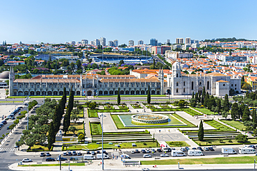 Aerial view of the Mosteiro dos Jeronimos (Monastery of the Hieronymites), UNESCO World Heritage Site, Belem, Lisbon, Portugal, Europe