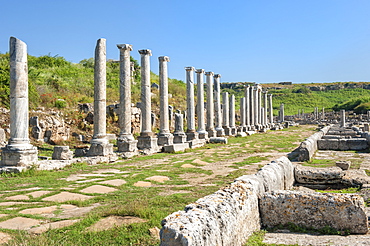 Columned street leading to the Nymphaeum (Fountain), Perge, Antalya, Anatolia, Turkey, Asia Minor, Eurasia 