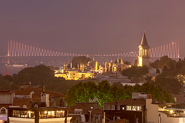 Topkapi Palace and Bosphorus bridge at night, Istanbul, Turkey, Europe 