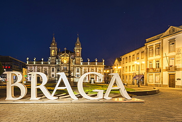 Carlos Amarante square at night with illuminated 18th century Sao Marcos Church, Braga, Minho, Portugal, Europe