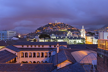 Metropolitan Cathedral and the Panecillo Hill at night, Quito, UNESCO World Heritage Site, Pichincha Province, Ecuador, South America