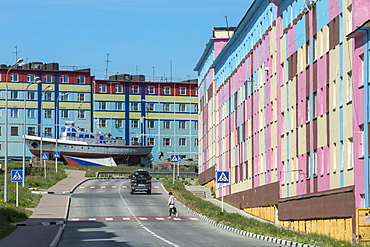 Coloured apartment houses, Siberian city Anadyr, Chukotka Province, Russian Far East, Russia, Eurasia