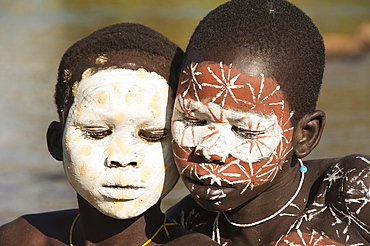 Portrait of two Surma boys with body paintings, Kibish, Omo River Valley, Ethiopia, Africa