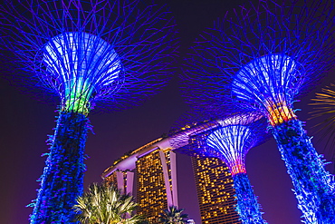 Gardens by the Bay and Marina Bay Sands Hotel at night, Singapore, Southeast Asia, Asia