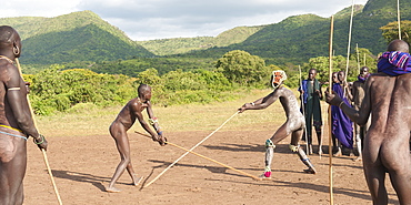 Donga stick fighters, Surma tribe, Tulgit, Omo River Valley, Ethiopia, Africa