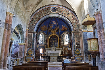 Interior of Notre Dame Dalidon Church, Medieval village of Oppede le Vieux, Vaucluse, Provence Alpes Cote d'Azur region, France, Europe