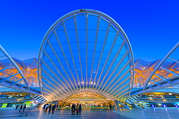 Oriente train station at the blue hour, Parque das Nacoes, Lisbon, Portugal, Europe