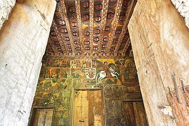 Ancient wall paintings inside the Debre Birhan Selassie Church, Gondar, Ethiopia, Africa 