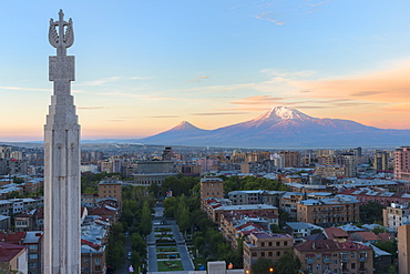 Mount Ararat and Yerevan viewed from Cascade at sunrise, Yerevan, Armenia, Central Asia, Asia