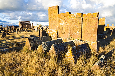 Medieval Khachkars carved memorial stele, Noratus cemetery, Sevan Lake, Gegharkunik province, Armenia, Caucasus, Asia